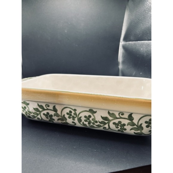 Lidia Bastianich Hand Painted Baking Casserole Loaf Dish Green Scroll Stoneware - Picture 3 of 7